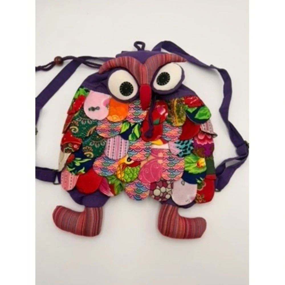 Unbranded Owl Patchwork Backpack Women Small Purple Multicolor Good Boho Novelty